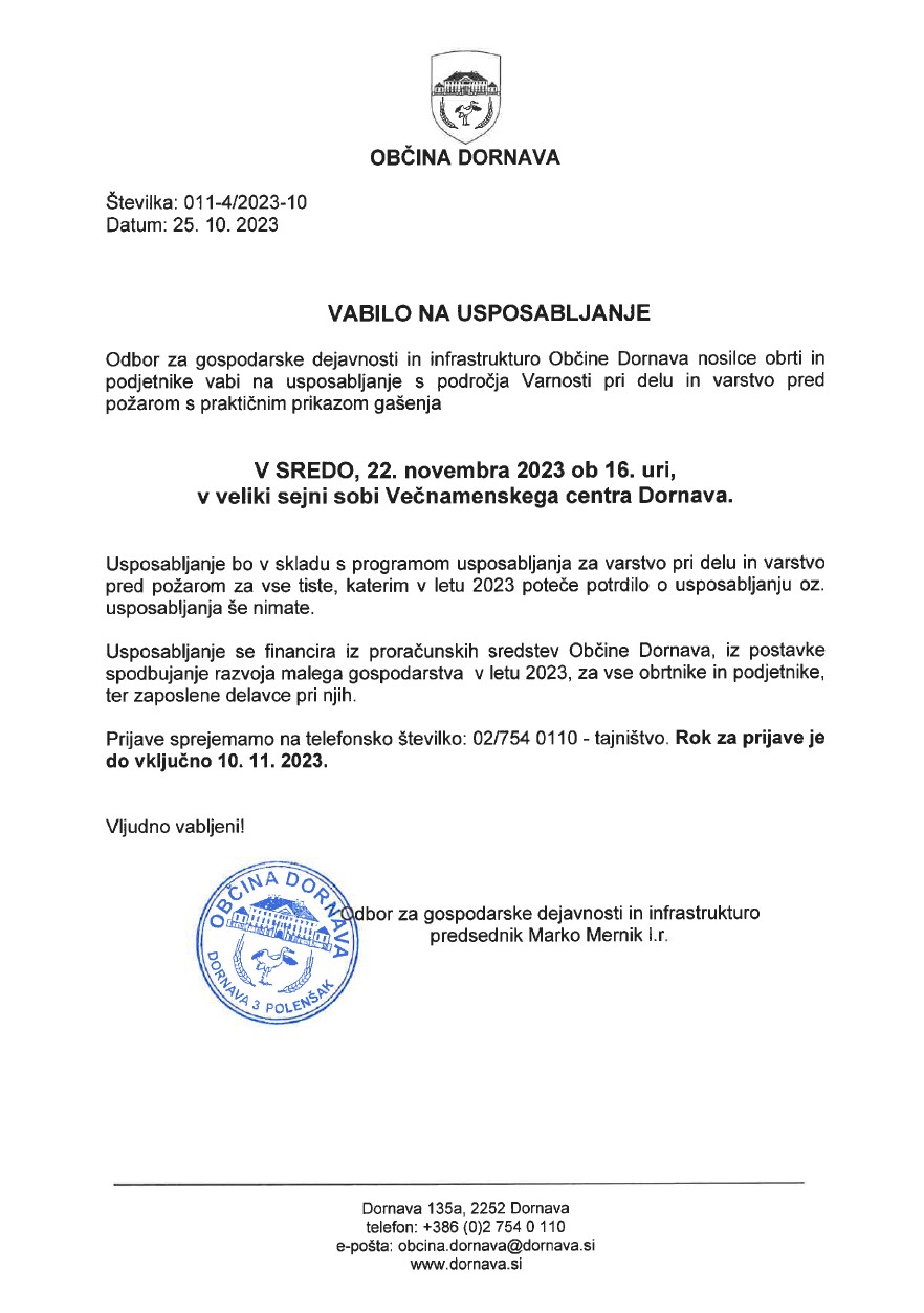 Vabilo na usposabljanje s področja Varnosti pri delu in varstvo pred požarom